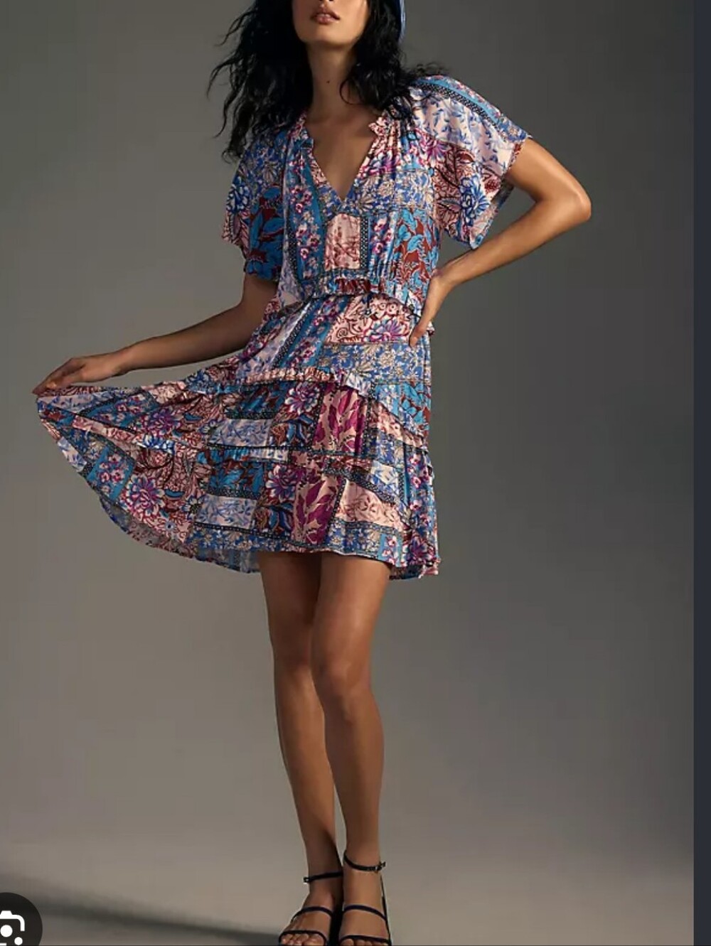 Maeve By Anthropologie Floral Patchwork V-Neck Mini Dress - Pink & Blue